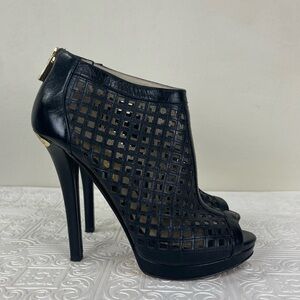Michael Kors Black Cage Patent Leather Peep-Toe Heeled Ankle Bootie